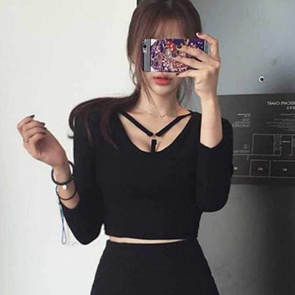

european 2021 spring summer solid color tight t shirt women's high waist short tshirt korea k2im t-shirt, White