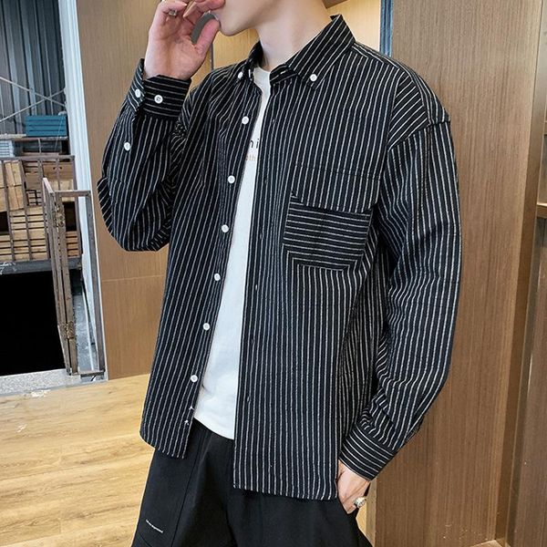 

japanese fashion shirts for men 2021 spring men's shirt long sleeved korean loose striped trendy handsome casual, White;black