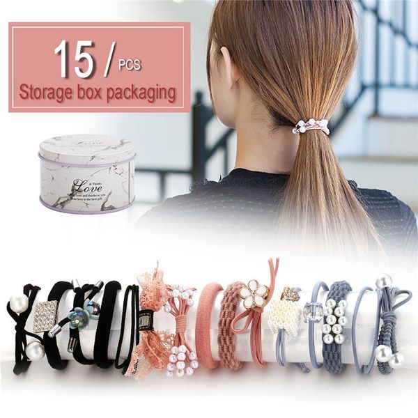 

fashion 15pcs set pearl flower elastic hair bands for women girl velet black hairband hiar ties ponytail holder accessories