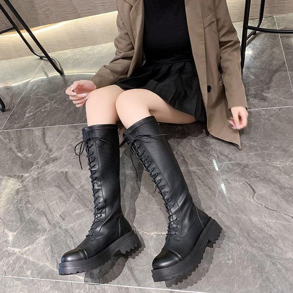

womens boots knee-high black leather equestrian internal celebrity lady cross-tied motorcycle botas ladies army long1