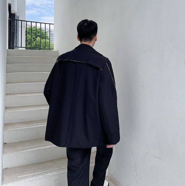 

2021 new blazer color contrast splicing three-dimensional cut rough edge double-layer design men's suit coat, White;black