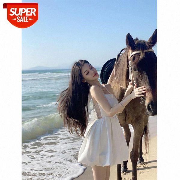 

little white skirt sleeveless short backless waist loose holiday bi-in suspender dress net red #gu93, White;black