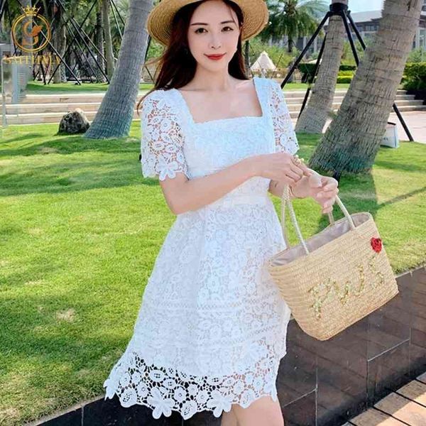 

casual dresses lace woman 2021 summer square collar short sleeve es party club vestido white fashion fomf, Black;gray