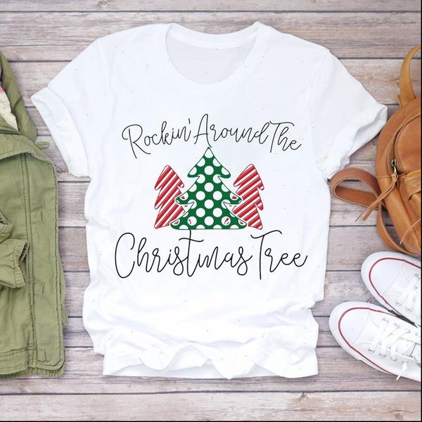 

christmas plaid tree casual women t shirt cute letter 90s holiday print graphic shirts female tee, White