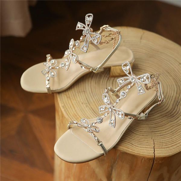 

sandals explosive fashion retro bow ladies rhinestone elegant women's shoes genuine leather high-quality handmade, Black
