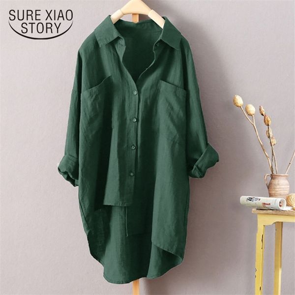 

spring plus size loose long shirt women vintage blouse sleeve solid fall casual work lady with button 210421, White
