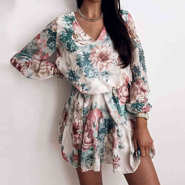 

casual spring women's long chiffon v dress neck flower print sleeve short female boho leisure a line party vestidos 2021, Black;gray