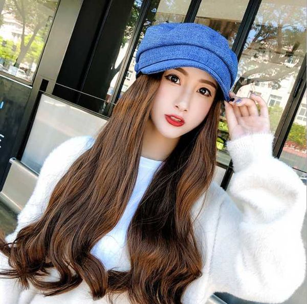 

beanies women wig hat autumn winter women's cotton octagonal suit korean leisure duck tongue girl blue
