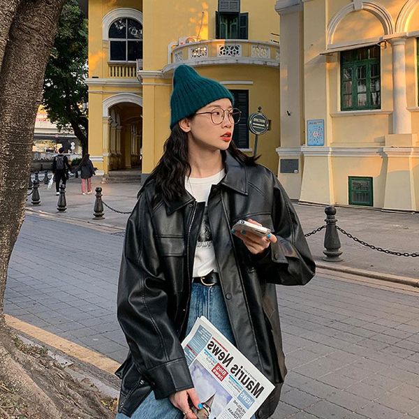 

women's leather & faux korean loose mid-length female black jacket spring autumn lapel long sleeves women casual motorcycle biker