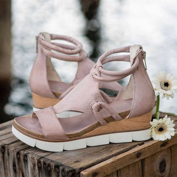 

women sandals platform shoes female wedges open toe summer shoe zippers cut out beach sandal casual rome women's sandals solid 210715, Black