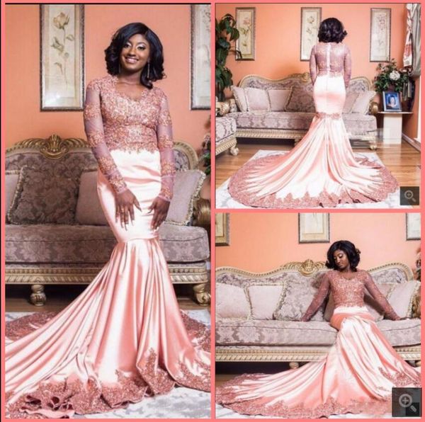 

2021 vestido de festa pink satin vintage mermaid prom dresses long sleeve beaded lace appliques elegant party gowns court train illusion bac, Black