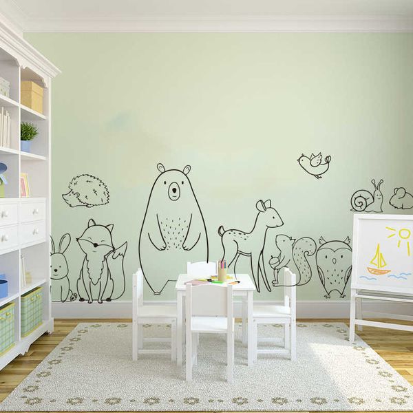 Cartoon Woodland Animals Bear Deer Wall Sticker Baby Nursery Camera dei bambini Foresta Pet Wolf Animal Adesivo Camera da letto Vinyl Decor 210705