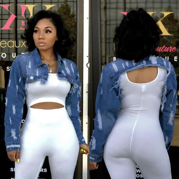 

jeans ripped short jacket women long sleeve elegant casual denim streetwear women's jackets, Black;brown