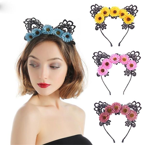 

hair accessories cosplay hoop lace cat ears flowers for women korean fashion party headwear bijoux femme bandeau cheveux accessorie, Slivery;white