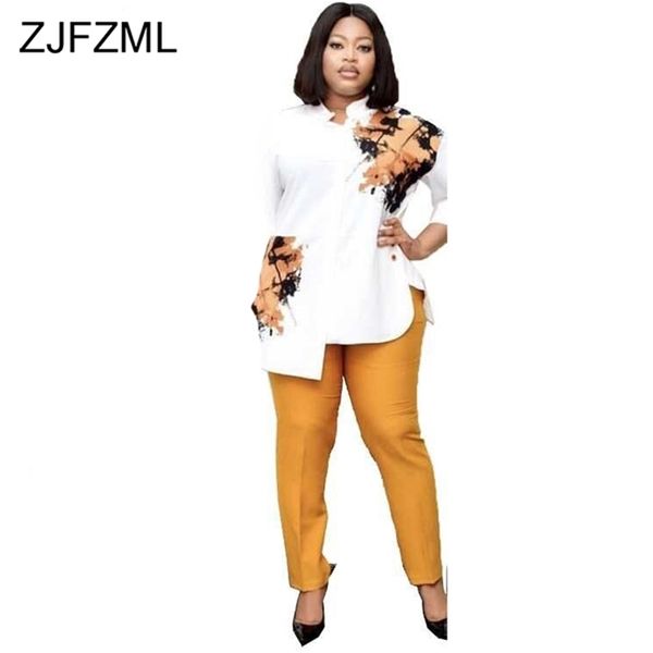 Office Lady Formal Set da due pezzi Abiti autunnali per donna Camicetta a maniche lunghe con stampa tie-dye Camicia dritta Pantalone lungo Plus Size 210727