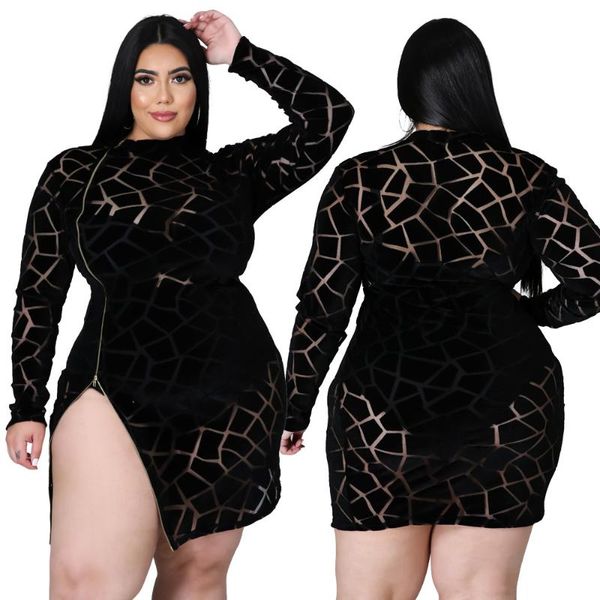 

casual dresses zaggin 2021 autumn fashion women print zipper large size long sleeve mini dress lady o-neck plus-size skinny, Black;gray