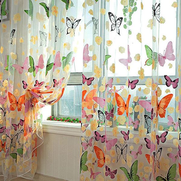 

butterflies printed tulle voile door window balcony sheer panel screen curtain pc876808 & drapes