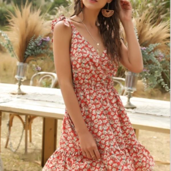 

2021 women's suspender floral dress short skirt thin belt bow knot v-neck dress, Black;gray
