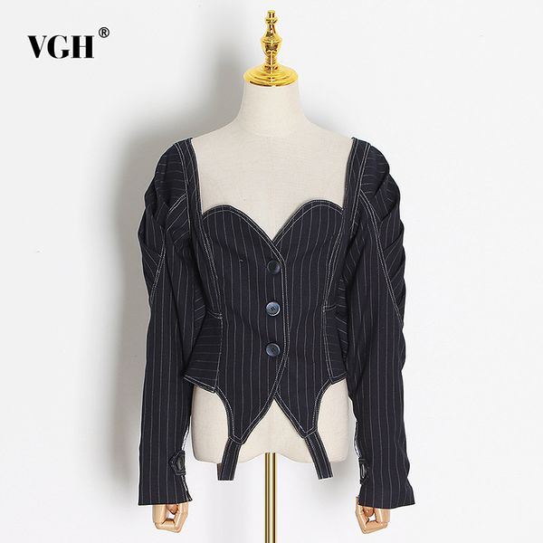 

vgh casual striped jacket for women square collar long sleeve sashes vintage jackets female fashion new clothing autumn 210421, Black;brown
