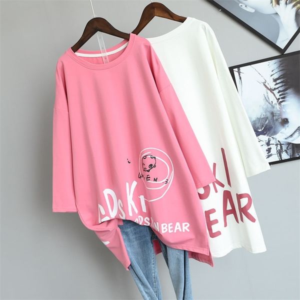 

autumn new women simple solid color casual loose slimming t-shirt large size all-match mid-length women 210401, White