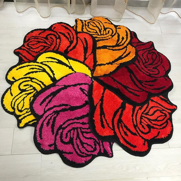 

60cm red purple pink yellow rose flower rug soft plush flocking carpet non-slip mat art floral rugs for living room door decor carpets