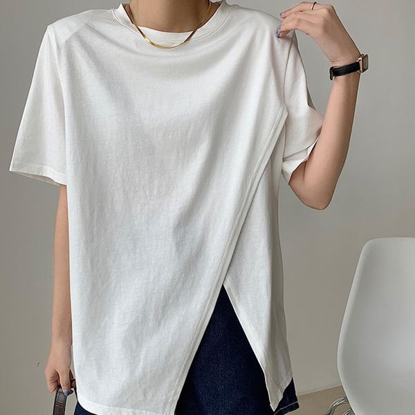 

loose o-neck asymmetry split fork t-shirts woman's simplicity solid short sleeve t-shirt women korea fashionable tees woman women', White