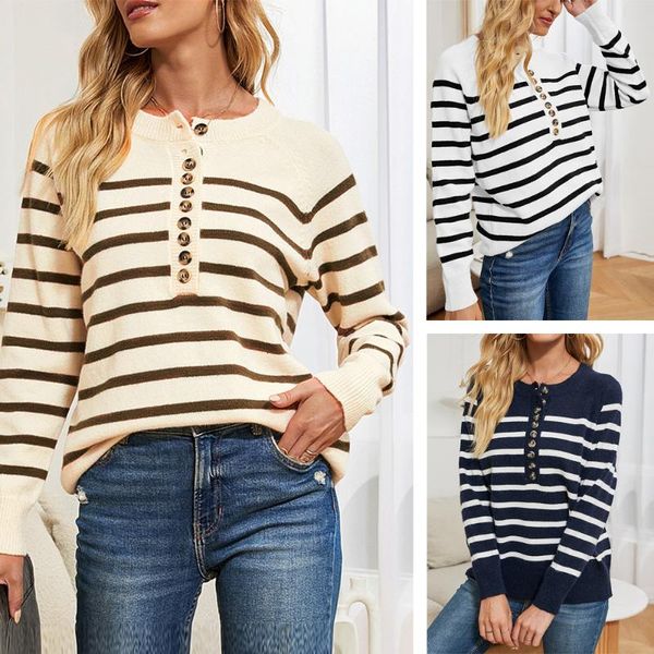 

women's sweaters 2021 striped pullover long sleeve button sweater loose knitted fashion casual spring and autumn club, White;black