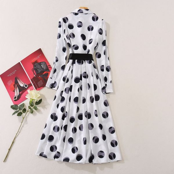 

dresses autumn runway style women turn-down collar polka dot print belt patchwork full sleeve casual long shirt ol, Black;gray