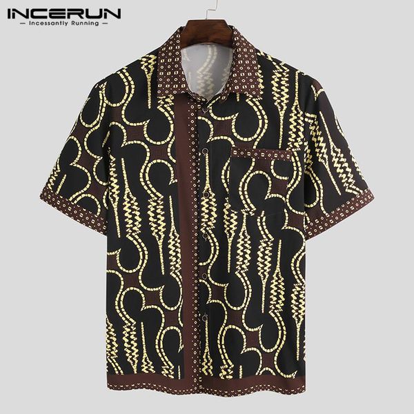 

vintage men casual shirt printed lapel short sleeve button streetwear leisure camisas hombre pockets muslim shirts incerun men's, White;black