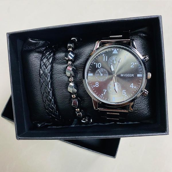 

wristwatches 5pcs/set luxurious gifts set for men brand vintage men's watches handmade weaver bead bangle gift box husband boyfriend, Slivery;brown