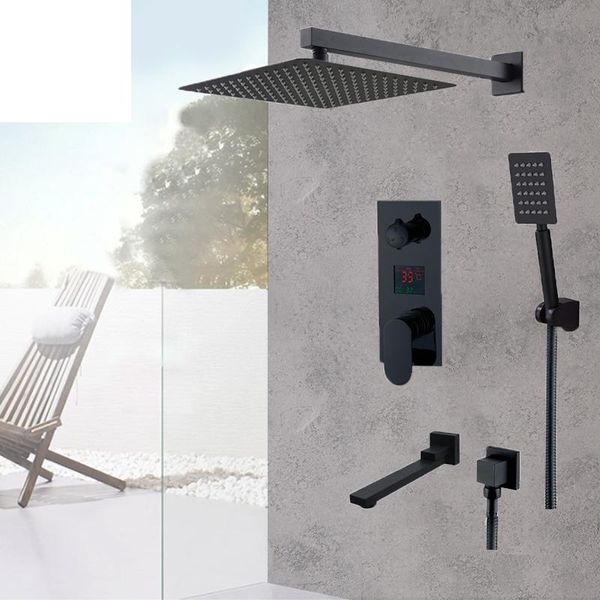 

matte black led digital display shower faucet set 8" 10" 12" 16"rain waterfall bathtub and cold mixer tap bathroom sets
