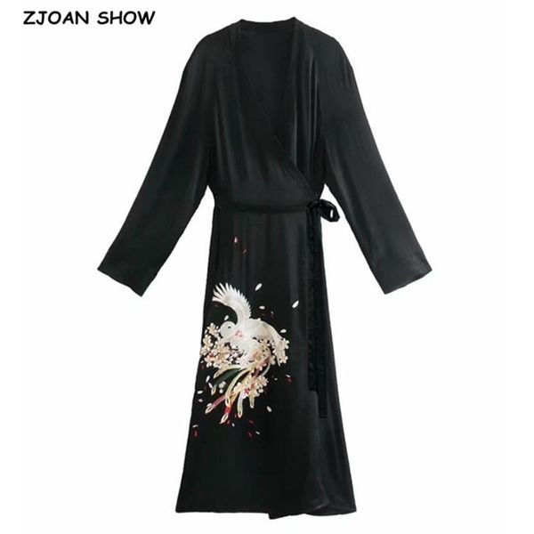 Frühling Bohemian Satin Phoenix Stickerei Kimono Cardigan Frauen Krawatte Schleife Schärpen Lange Jacke Mantel Schwarz Oberbekleidung Urlaub 210429