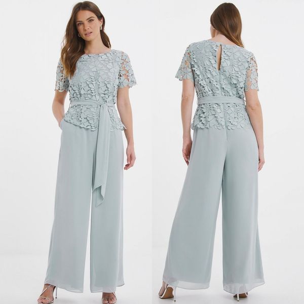 Sage Jumpsuits lace mães calças ternos com mangas curtas Bateau Pescoço Pantsuits para o casamento Chiffon Plus Size Noivo Mãe Outfit