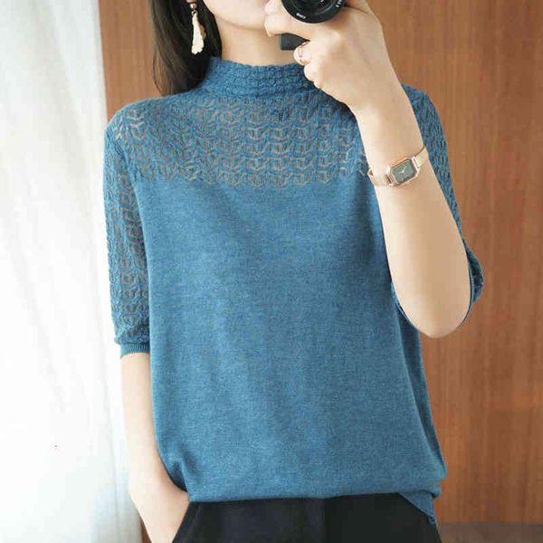 

women's t-shirt korean style hollow out short sleeve knitted for women half turtleneck solid knitwear casual summer tee femal, White