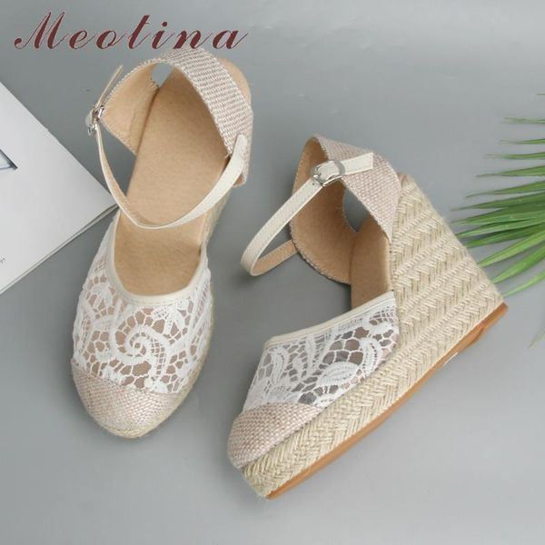 

meotina espadrille platform wedges sandals women summer bohemia lace high heels female wedding shoes big size 34-43, Black