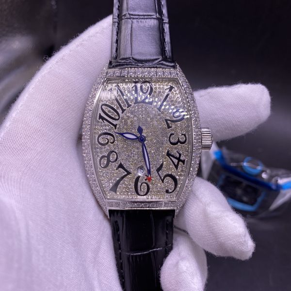 

full iced silver case automatic watch 40mm men size black leather shiny diamonds face dial pin clasp fashion watches, Slivery;brown