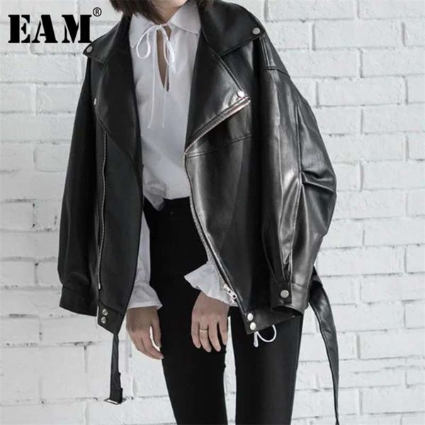 

[eam] spring black pu leather loose turn-down collar zipper fashion women's wild jacket la938 210928, Black;brown