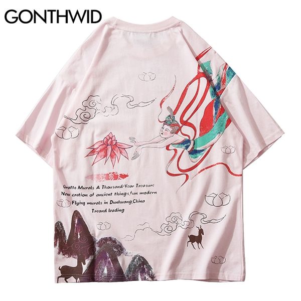 Magliette in stile giapponese Graffiti stampa montagna stampa corta manica corta tees shirts streetwear hip hop horajuku casual cotone top 210602