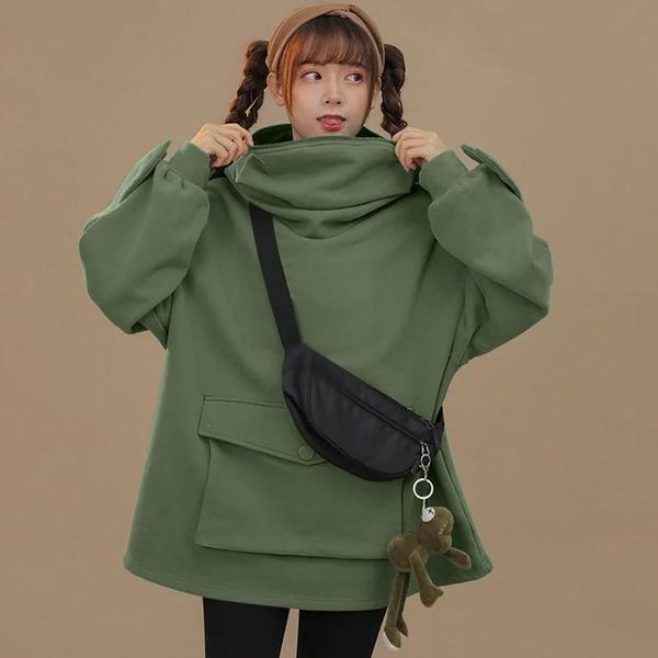 

women cute frog eyes hoodies solid color long sleeve oversized baggy sweatshirt harajuku large pocket pullover tunic women's & sweatshi, Black