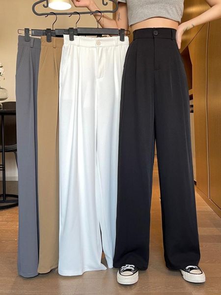 

women's pants & capris summer black retro high waist to show slim drape feeling wide leg trousers thin slacks women, Black;white