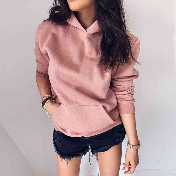 

sweatshirts women long sleeve solid hoodies autumn winter casual hooded pocket long sleeve pullover loose sweatshirt female 210507, Black