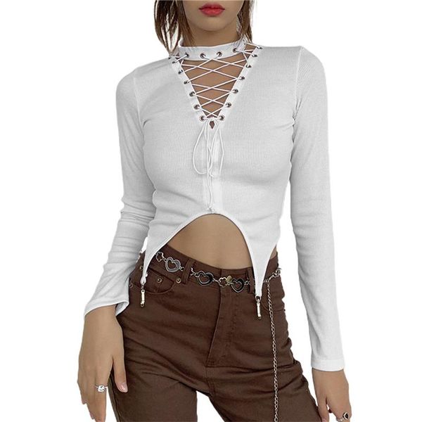 

women's t-shirt halter solid t-shirts clubwear hollow out lace-up irregular hem bandage long sleeve knitted women streetwear, White