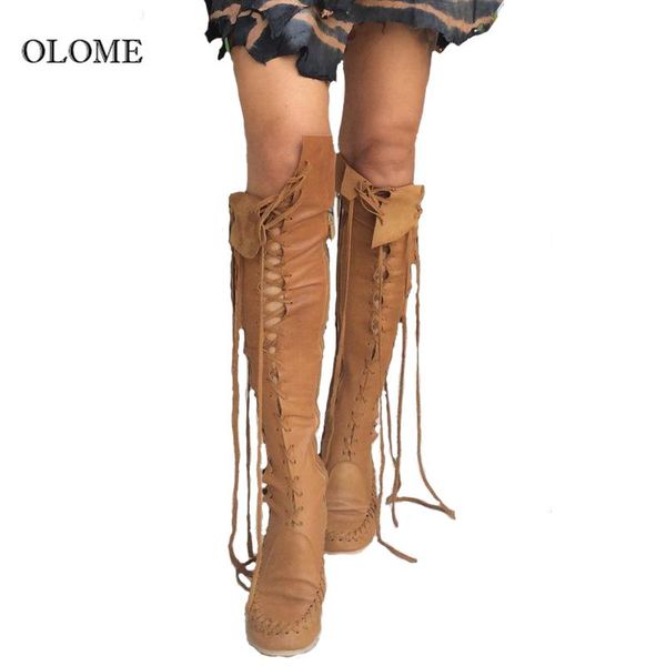 

boots pu leather for women lace-up over the knee with tan laces moccasin style big size, Black