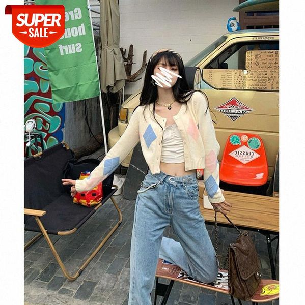 

korean and american style ambiguous honey blue powder fine rhombic college knit cardigan #8m2l, White