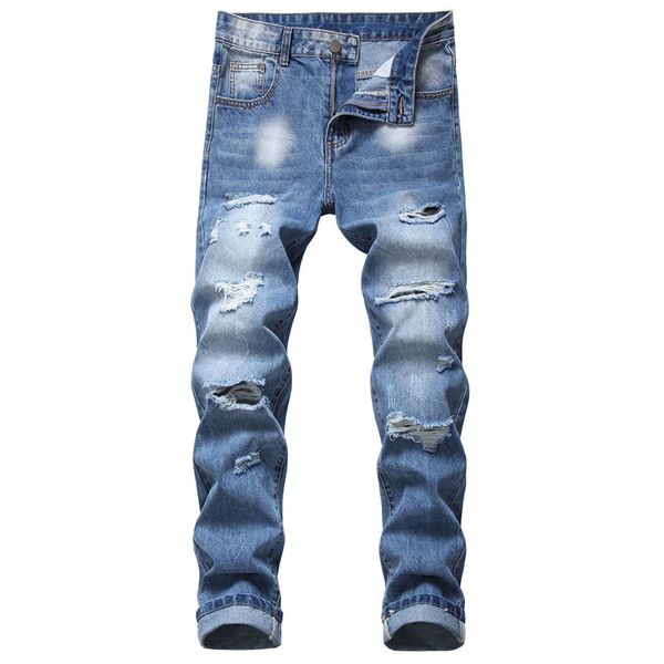 

men hole jean straight cotton stretch denim jeans trouser male hip hop streetwear blue handwash pants kg-93
