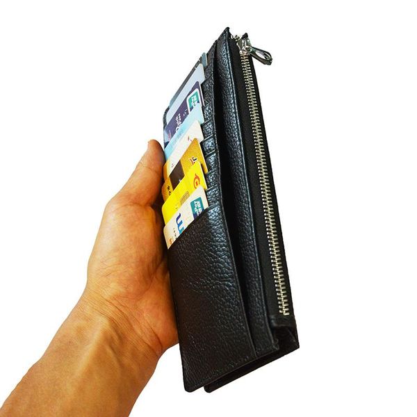 

card holders long style wide genuine leather wallet fashion candy color thick zipper pack case business bank holder, Brown;gray