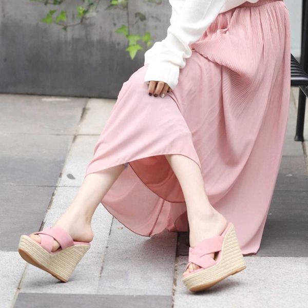 

natural leather peep toe mules women slip on super high wedges heels slides ladies luxury straw shoes woman sandals, Black