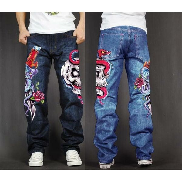 

fashion jeans men's long pants baggy loose fit rap hip hop skate denim print trousers straight stretch casual sword skull rose, Blue