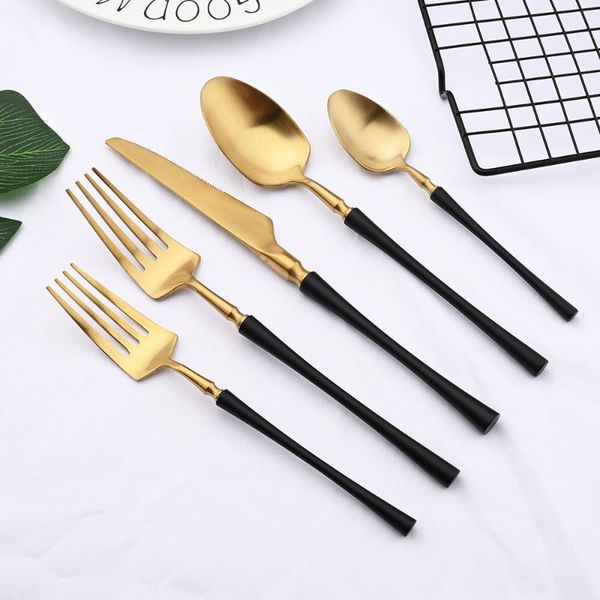 

dinnerware sets 5pcs/set matte black gold 18/10 stainless steel cutlery set tableware kitchen fork dessert spoon knife