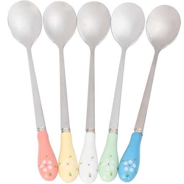 

spoons 5pcs ceramic flower handle stainless steel milk coffee spoon (random color)